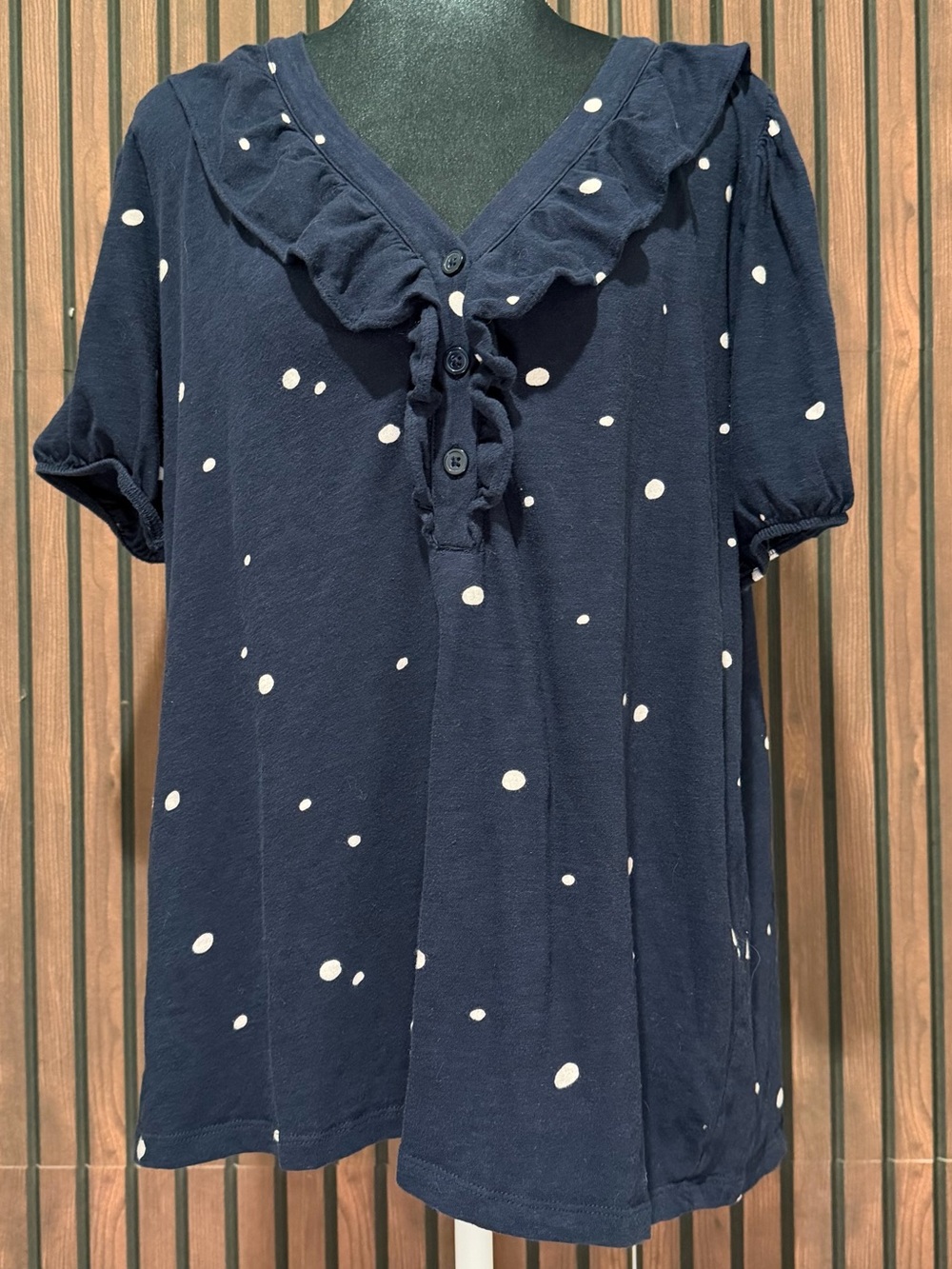 LOFT Navy Polka Dot Ruffle Tie Neck Blouse Top